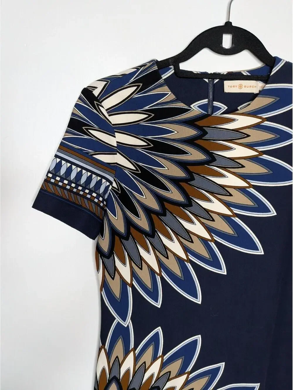Tory Burch Dress Womens XS Blue Geometric Graphic Print Sheath Mini Short Sleeve